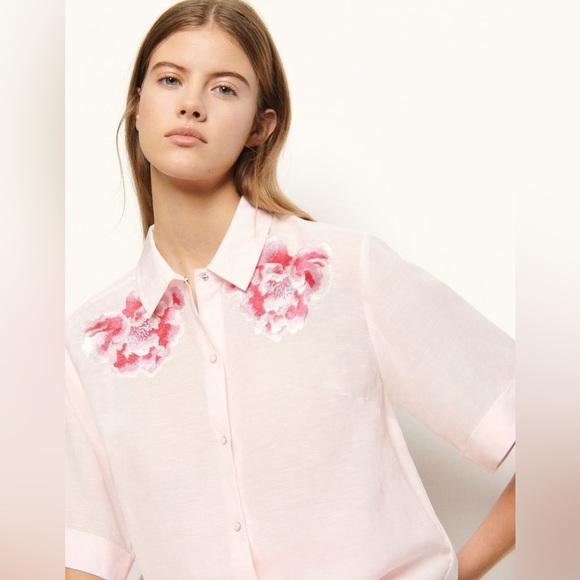 SANDRO Pink Floral Linen Shirt With Embroidery | Size XS - Picture 2 of 10